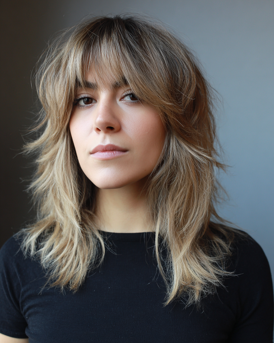 Textured shag dirty blonde with bangs