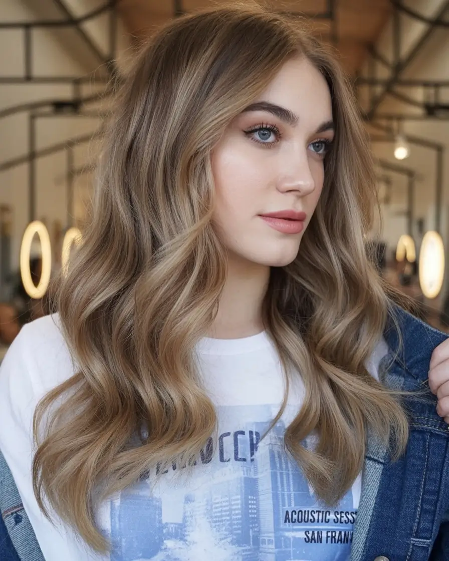 Layered waves dirty blonde face-framing highlights