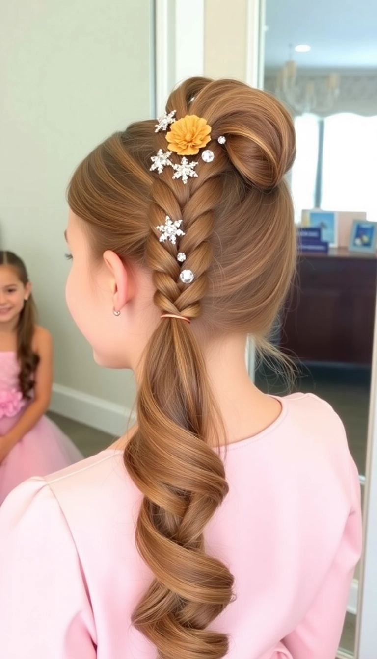 Intricate braid with floral and snowflake accents, perfect for a special Easter event.