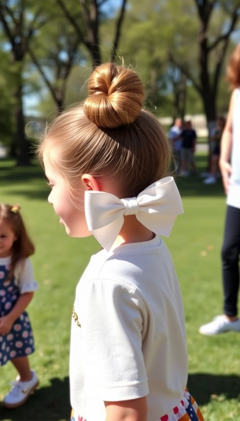 Elegant bun hairstyle with a large white bow, perfect for a traditional Easter look.