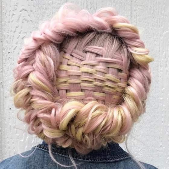 Pastel woven hairstyle with intricate patterns for a unique Easter appearance