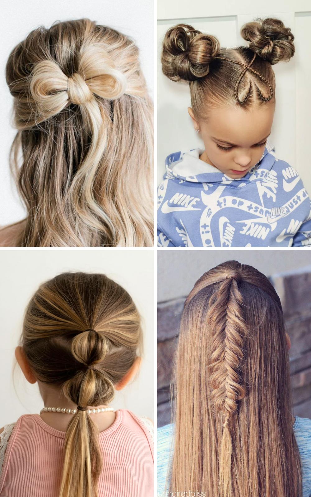 Collection of hairstyles featuring bows and braids, ideal for a varied Easter look