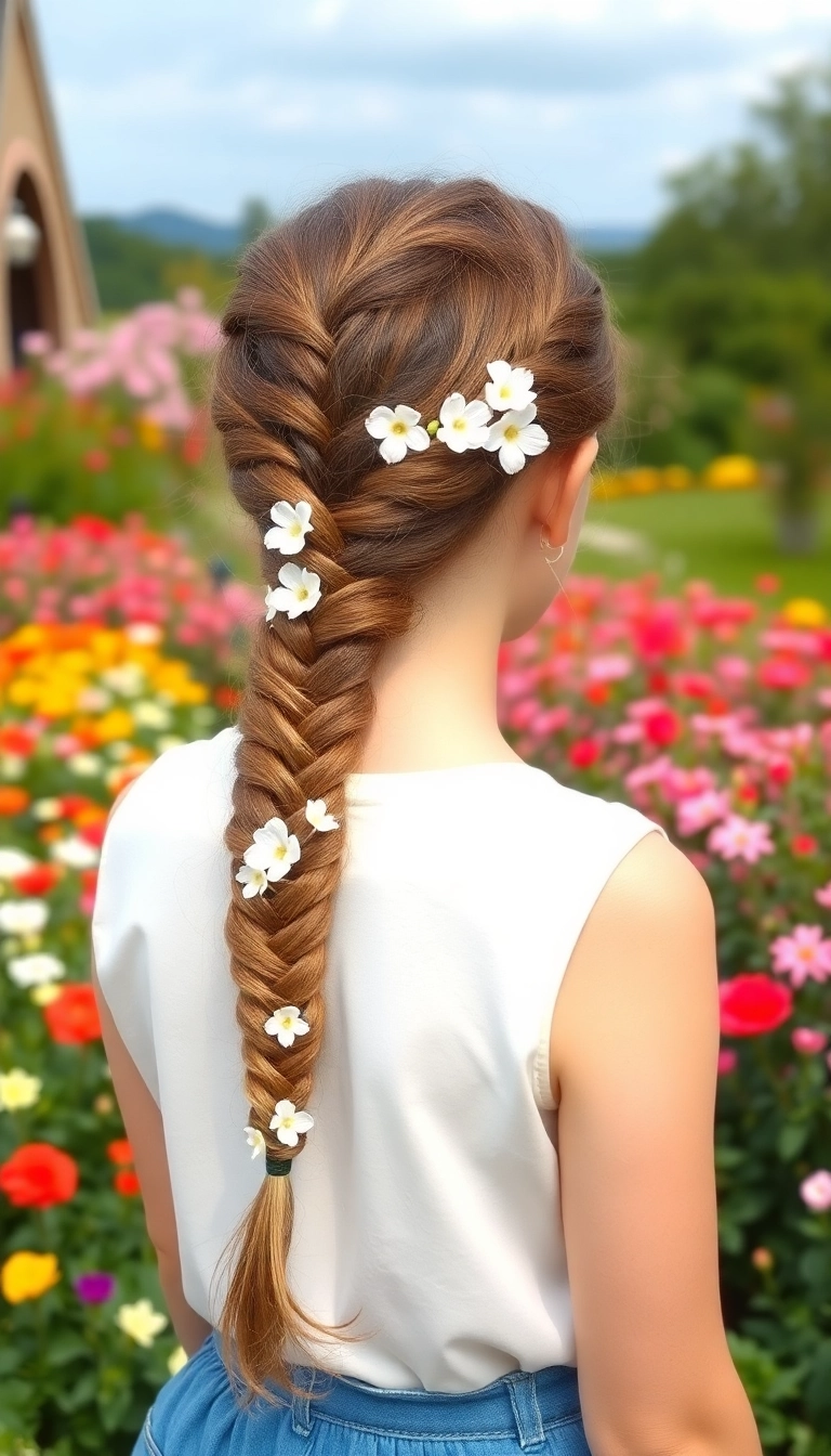 Fishtail braid adorned with delicate flowers for a magical Easter look
