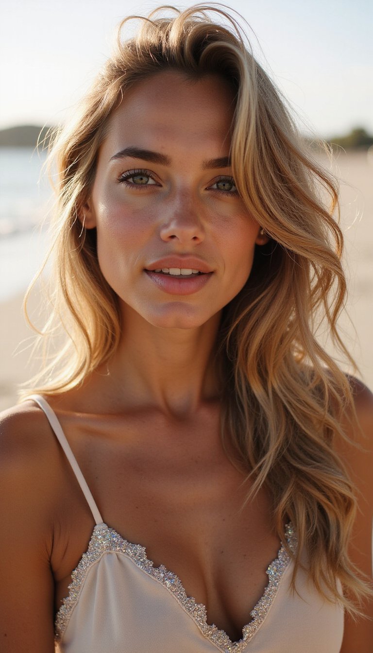 Effortless beach waves, natural texture, soft glow
