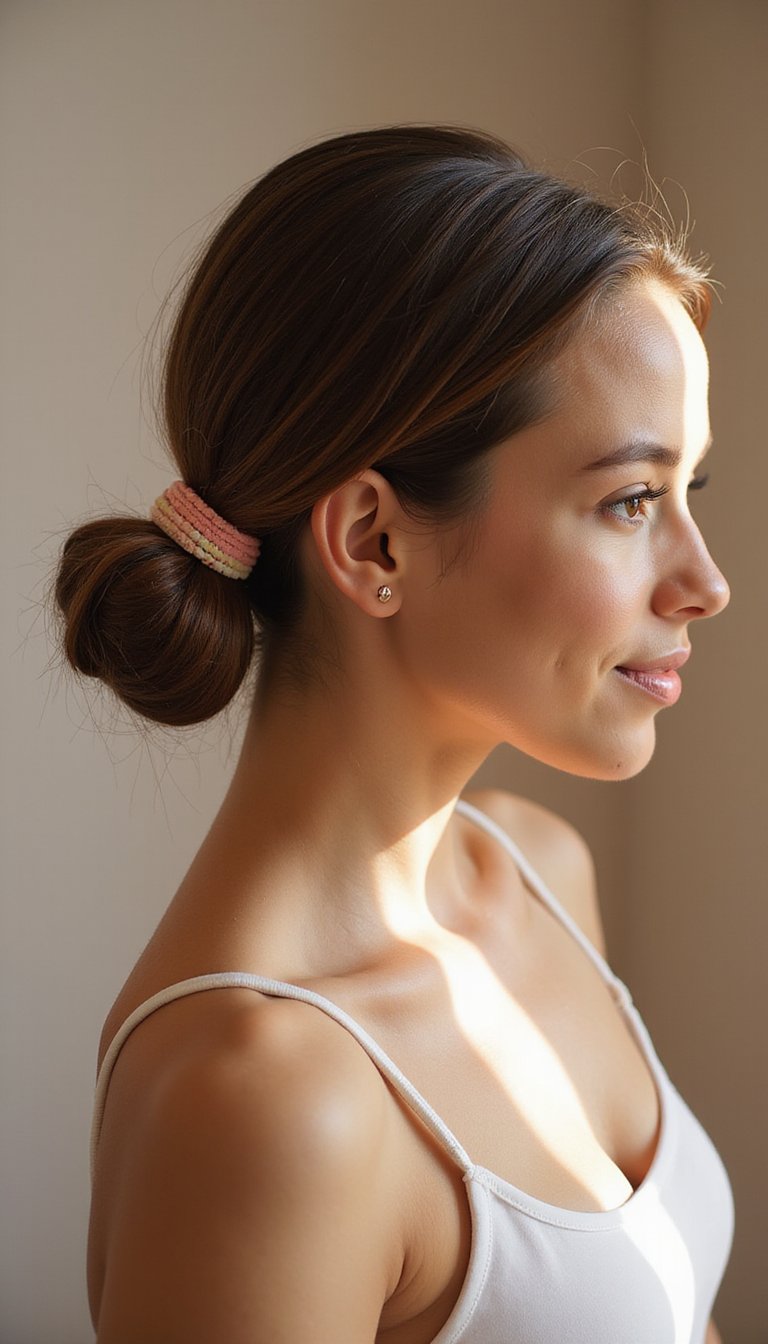 Chic low bun, elegant simplicity, smooth finish