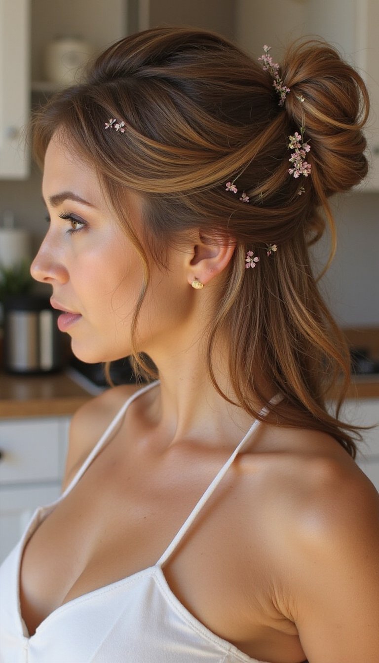 Floral-adorned updo, romantic details, spring vibe