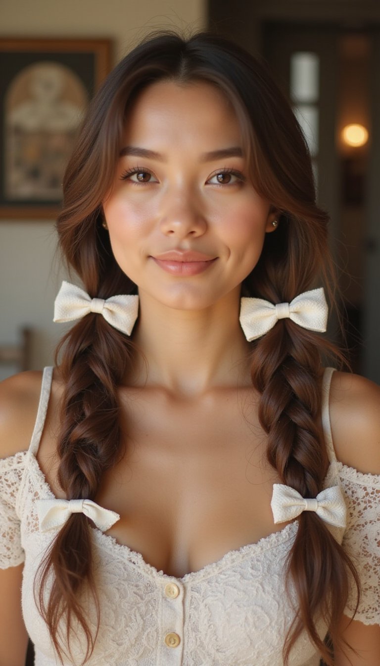 Charming double braids, playful bows, youthful style