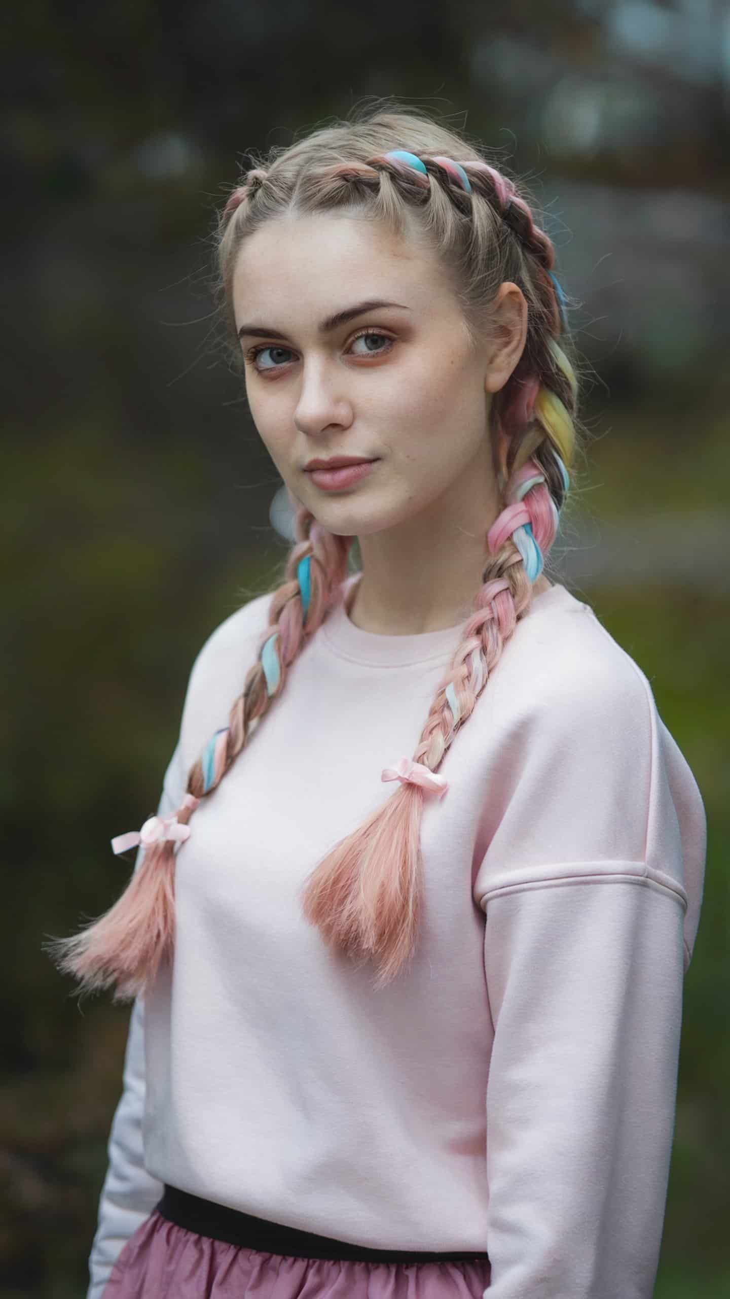 Colorful Dutch braids, bold textures, vibrant style