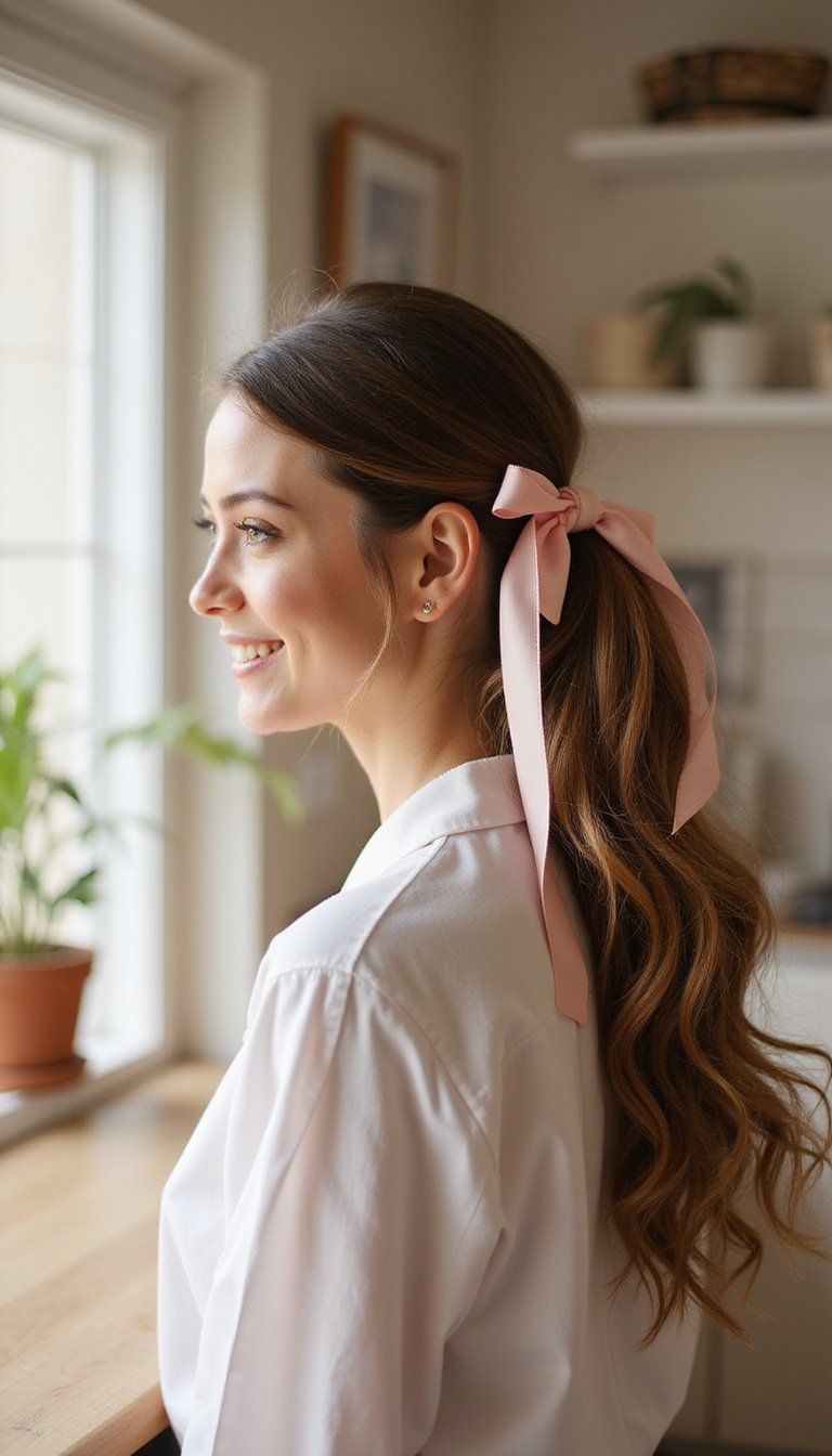 Elegant ribbon ponytail, sleek sophistication, modern twist