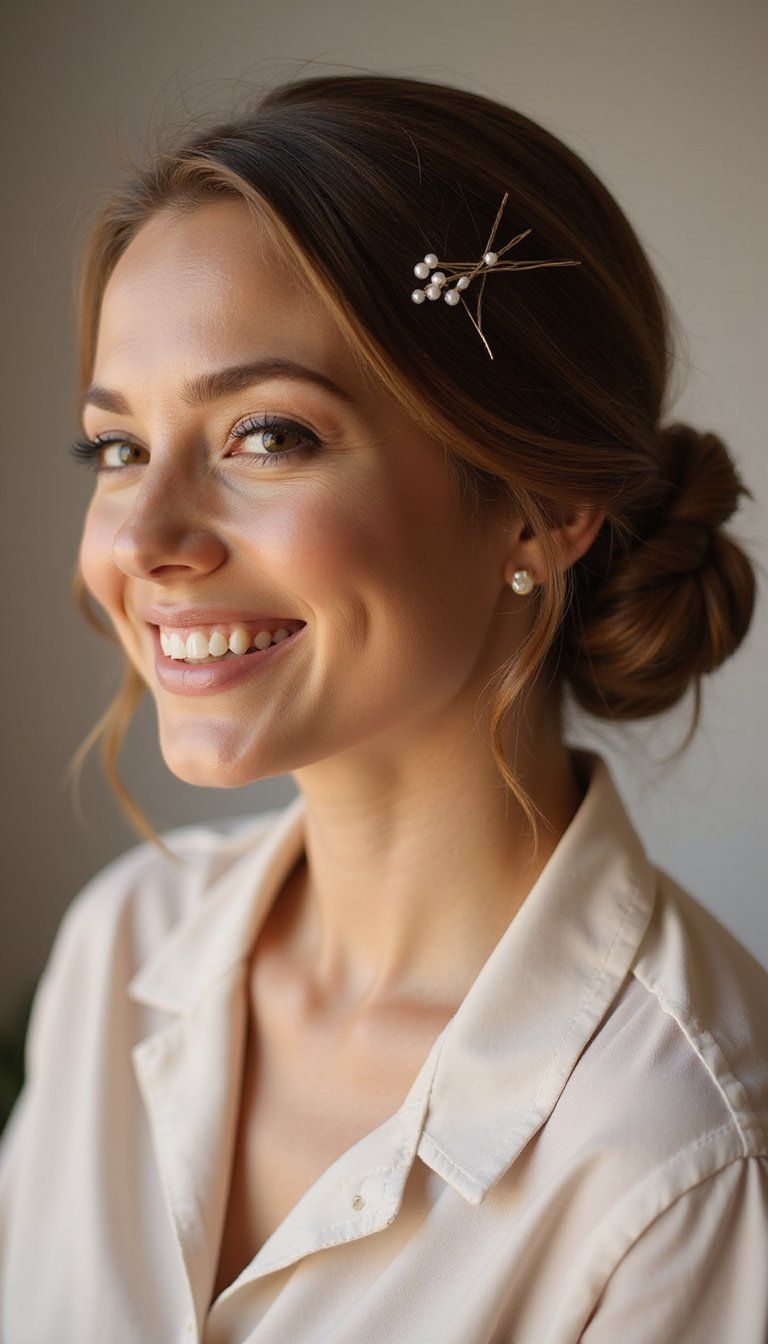 Classic low bun, pearl accents, timeless style