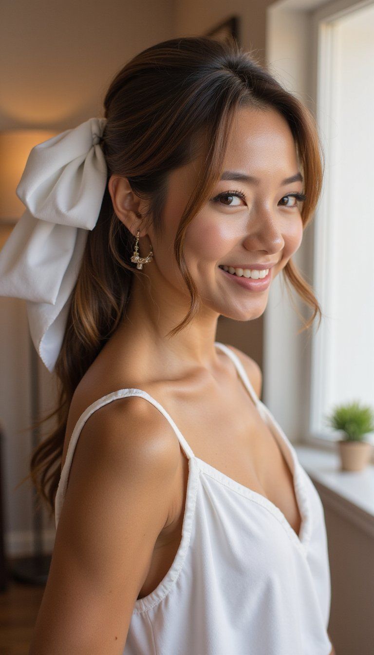 Soft glam bow ponytail, elegant style, modern elegance