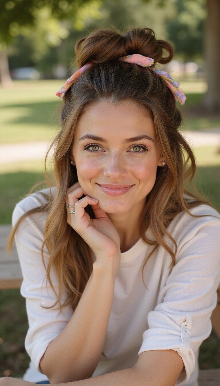 Casual top knot, scrunchie accent, relaxed vibe