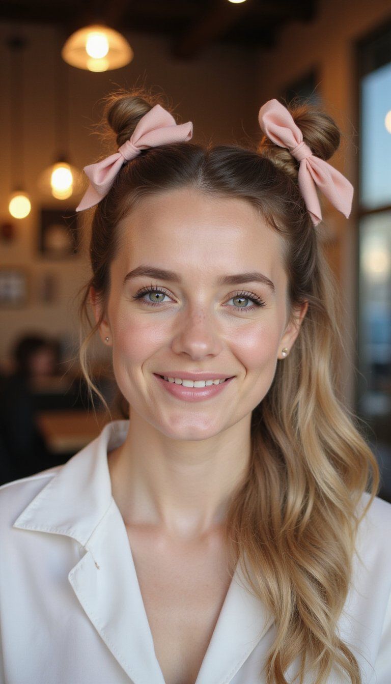 Fun double buns, bow accents, playful style