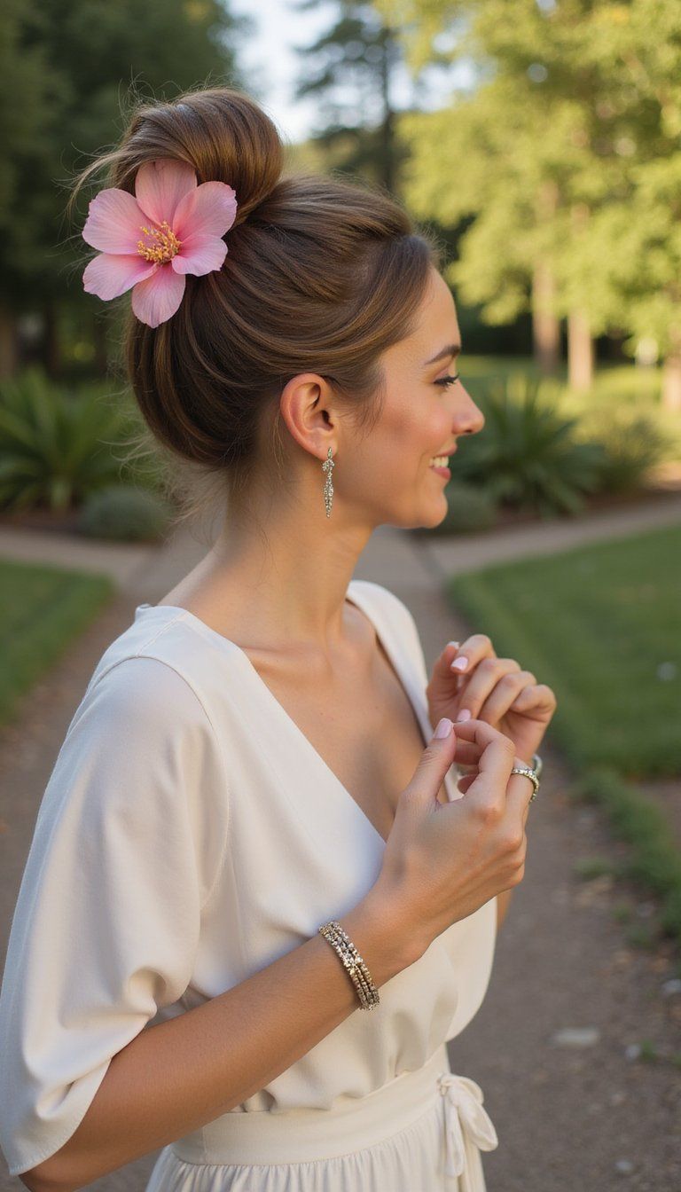 Floral high bun, refined elegance, spring celebration