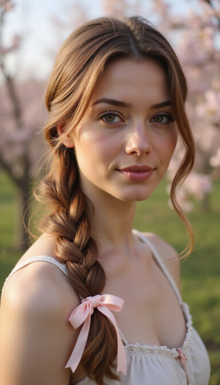 Romantic side braid, ribbon accent, soft elegance