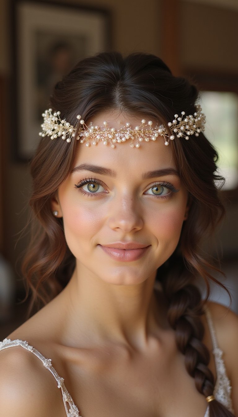Intricate pearl crown braid, ethereal elegance, fairy-tale style