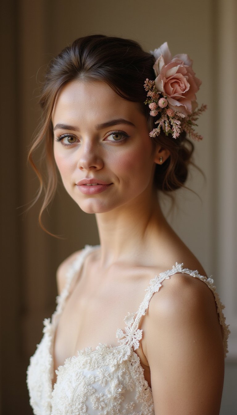Floral adorned updo, romantic charm, spring sophistication
