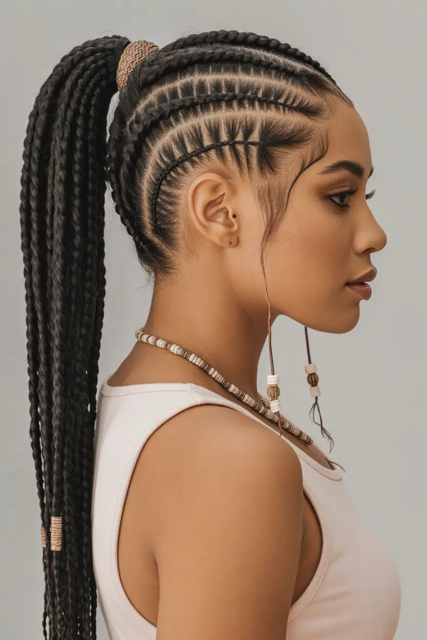 Chic high ponytail Fulani braids with beads