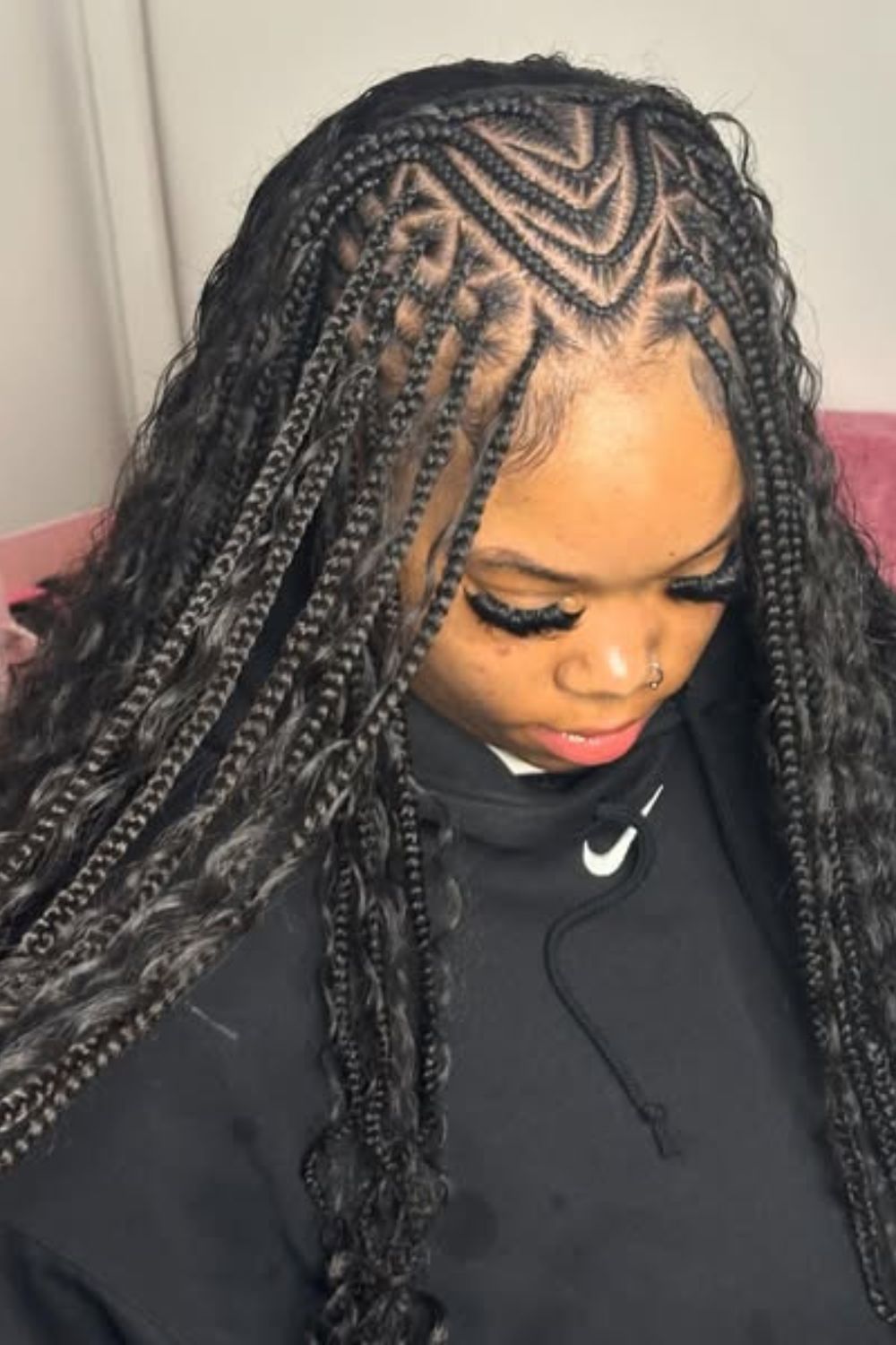 Heart-shaped cornrow Fulani braids with loose ends