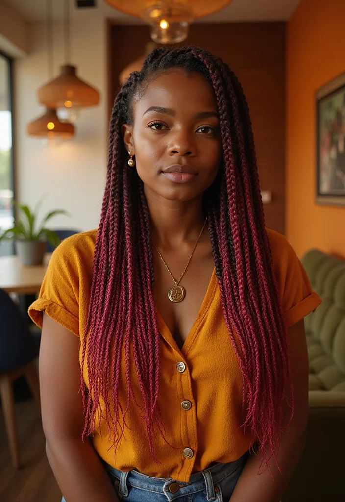 Bold burgundy Fulani twists with glossy finish