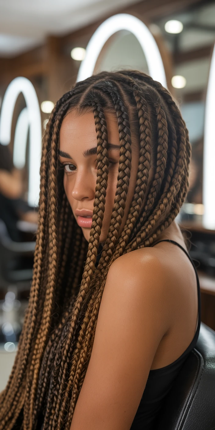 Copper-toned Fulani braids with glossy finish