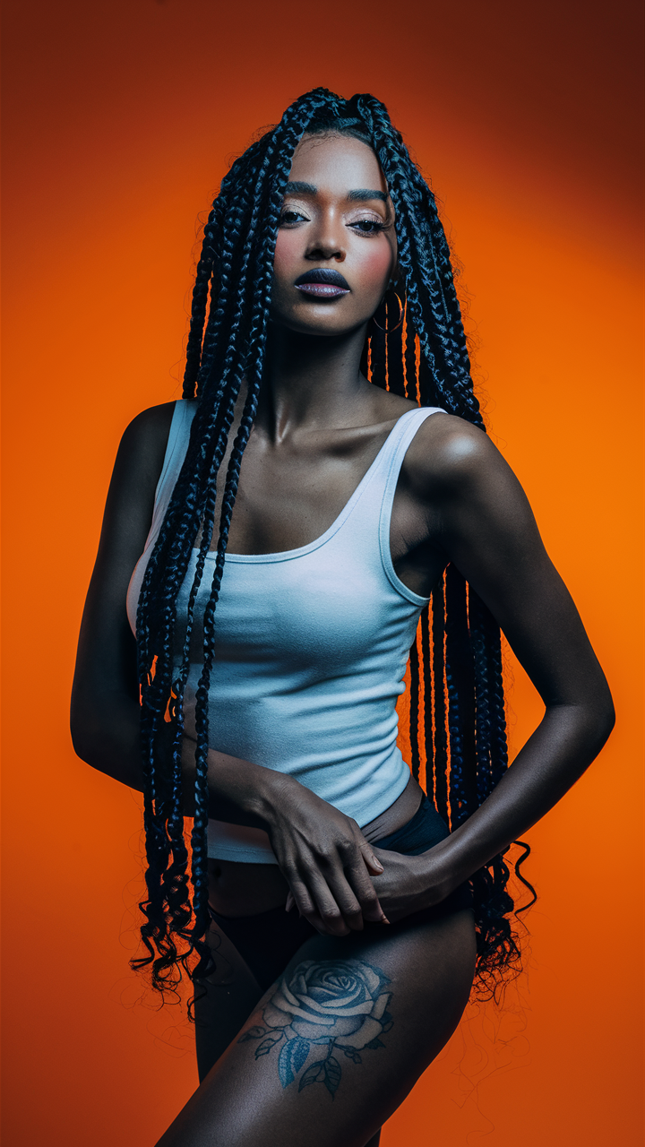 Extra-long Fulani braids with sleek texture and defined edges