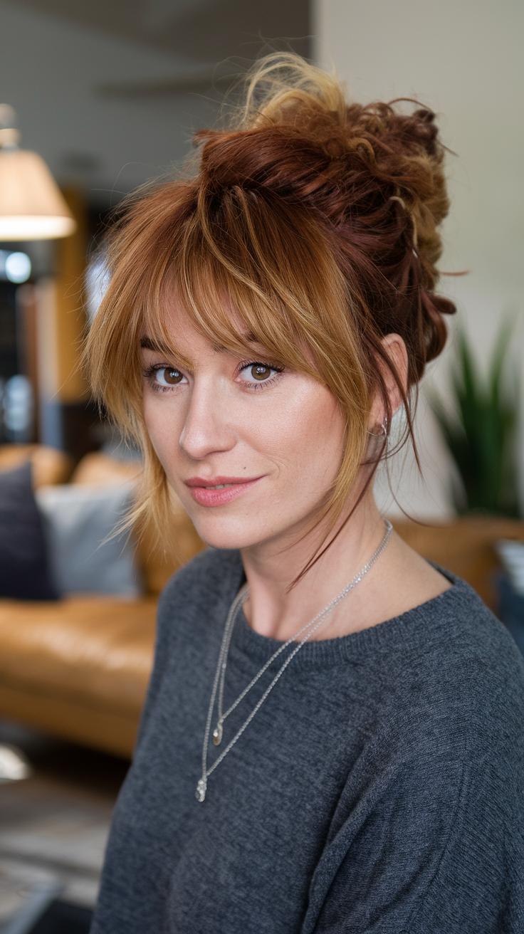 Effortless redhead updo with bangs