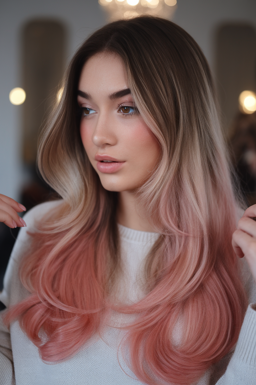 Peachy pink ombre on long waves