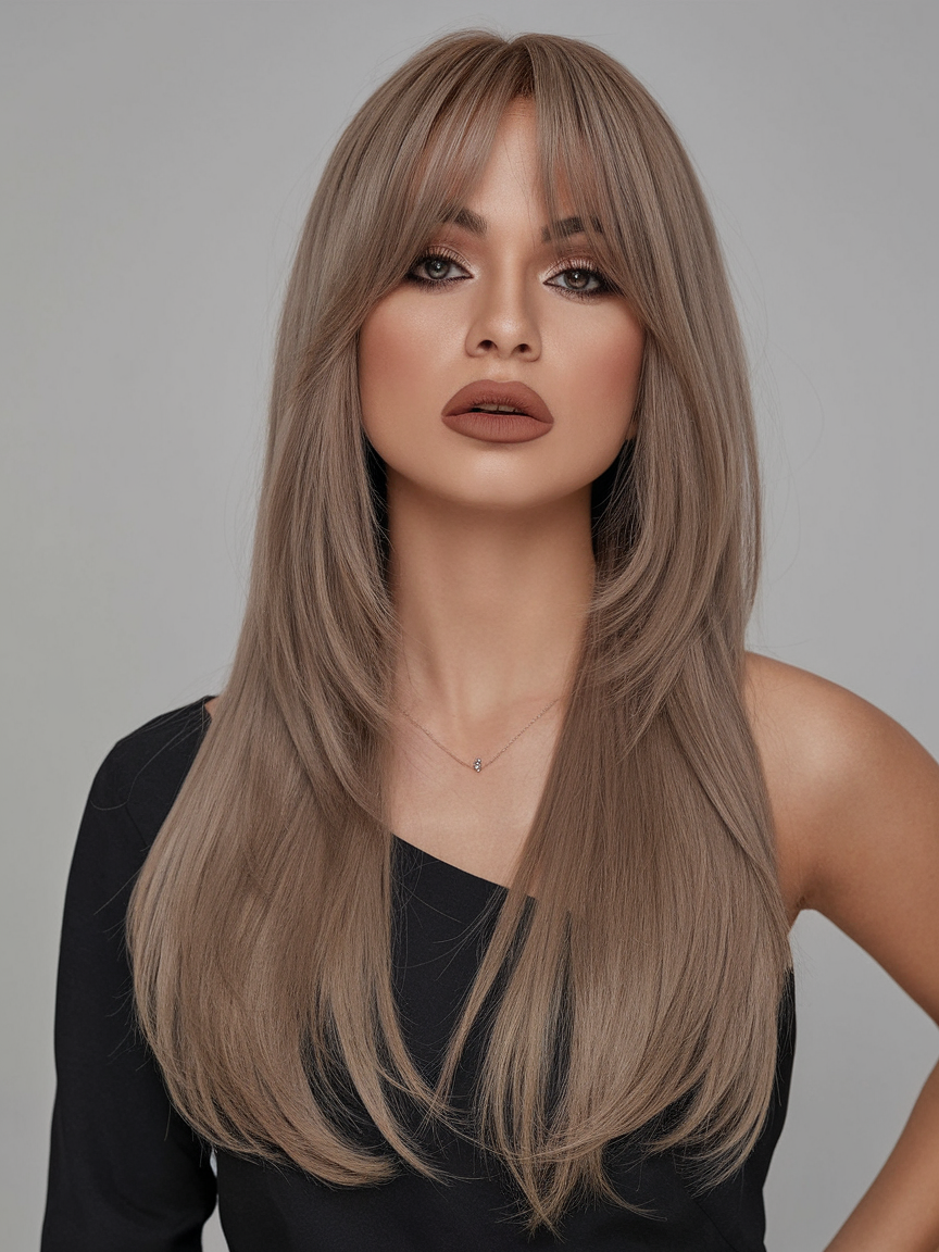 Chic ash brown with curtain bangs