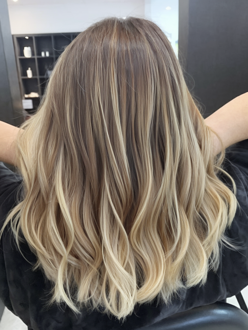 Blonde ombre on layered brunette hair