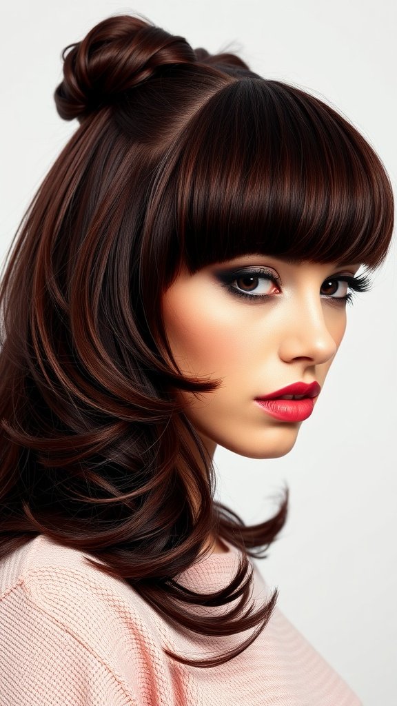 Retro brunette with full bangs