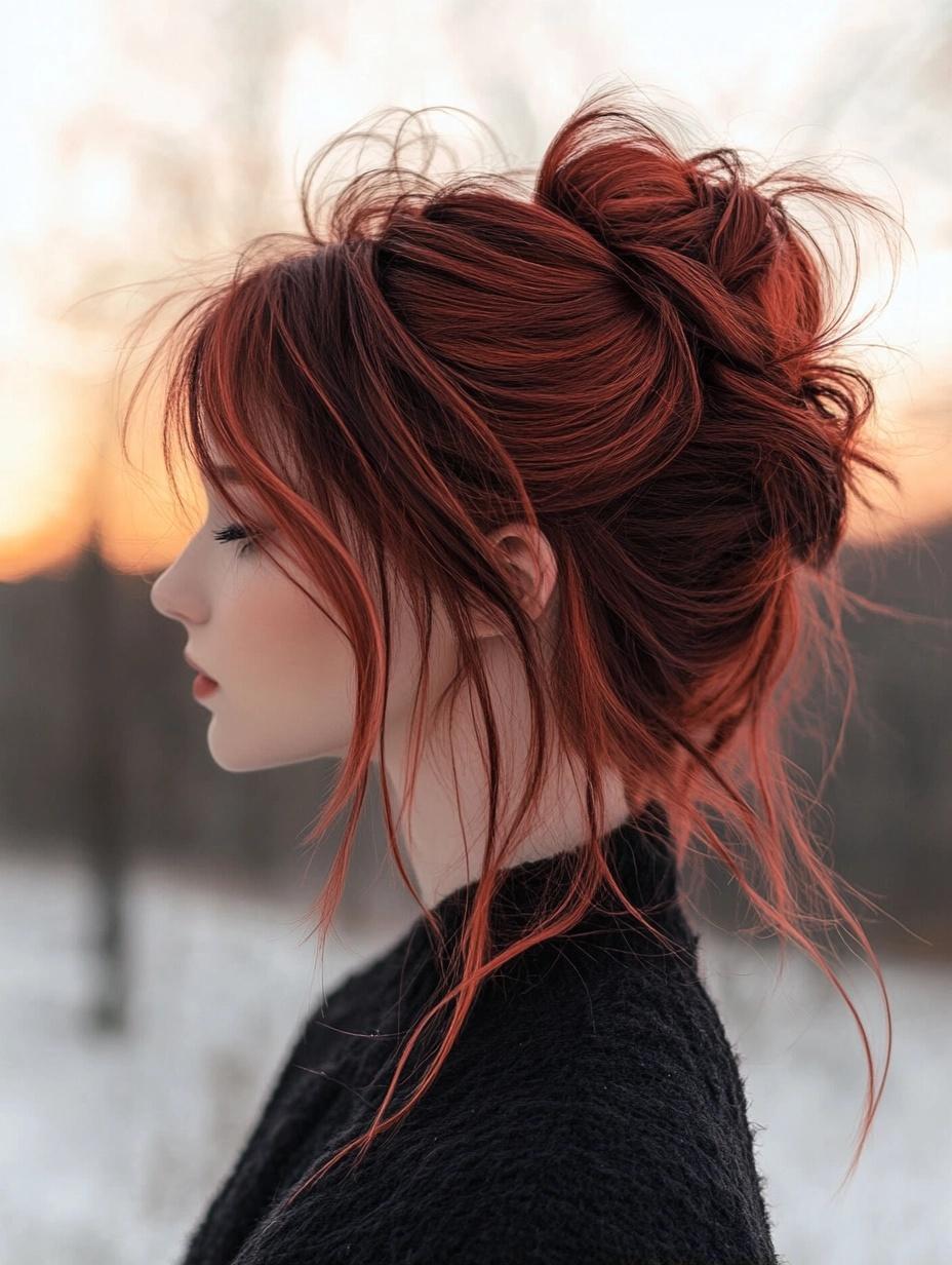 Textured auburn updo with wispy layers