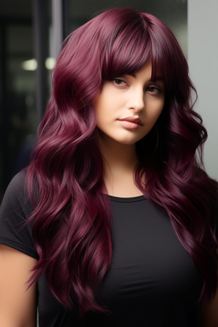 Rich plum waves with full bangs