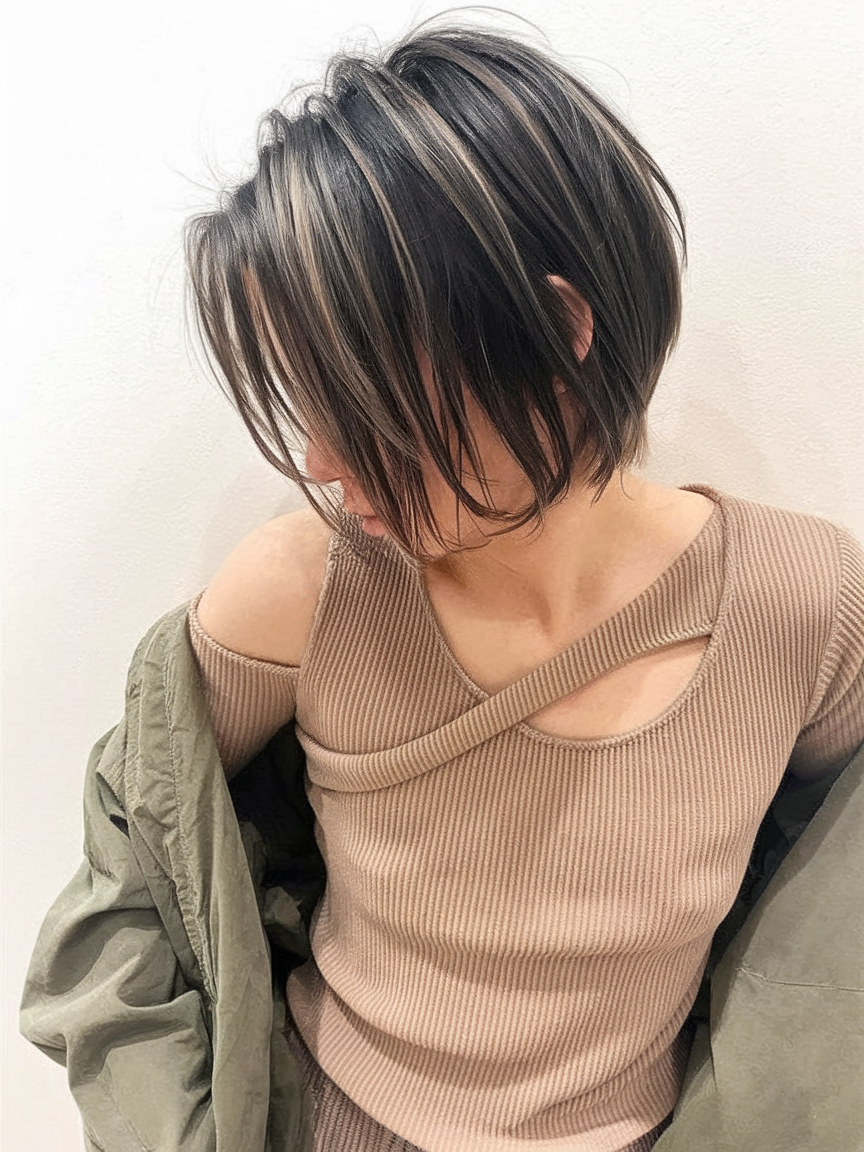 Edgy brunette pixie with highlights