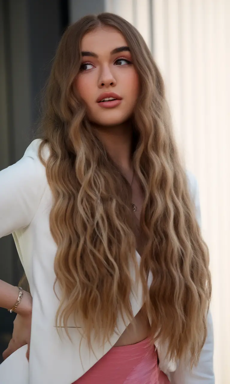 Long beachy waves with soft brown tones