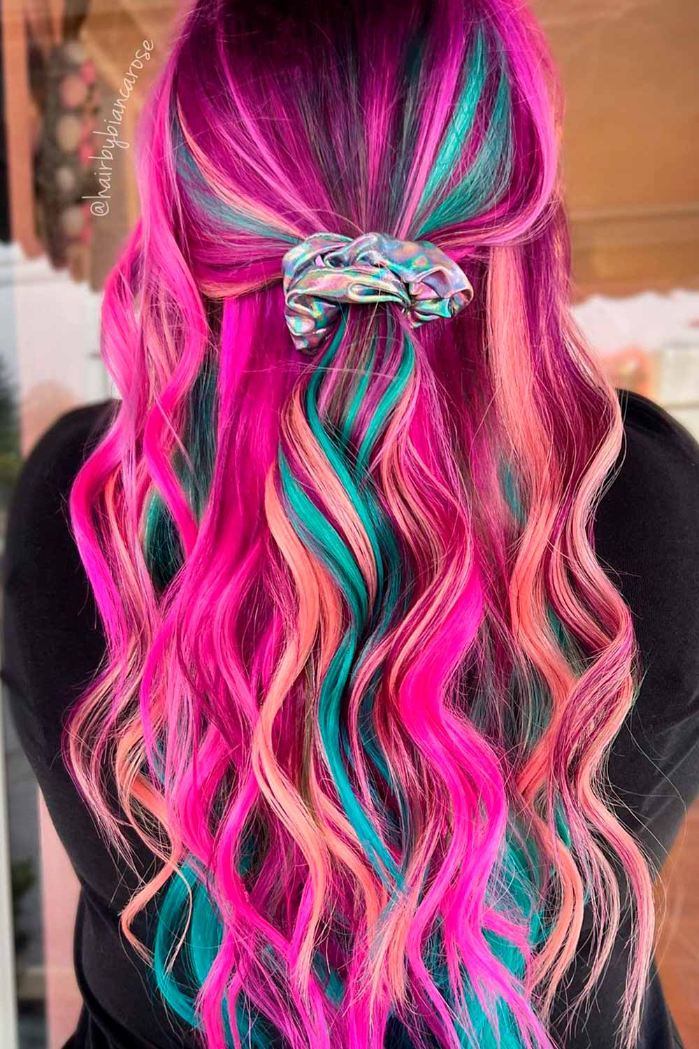 Bright rainbow waves with half-up style