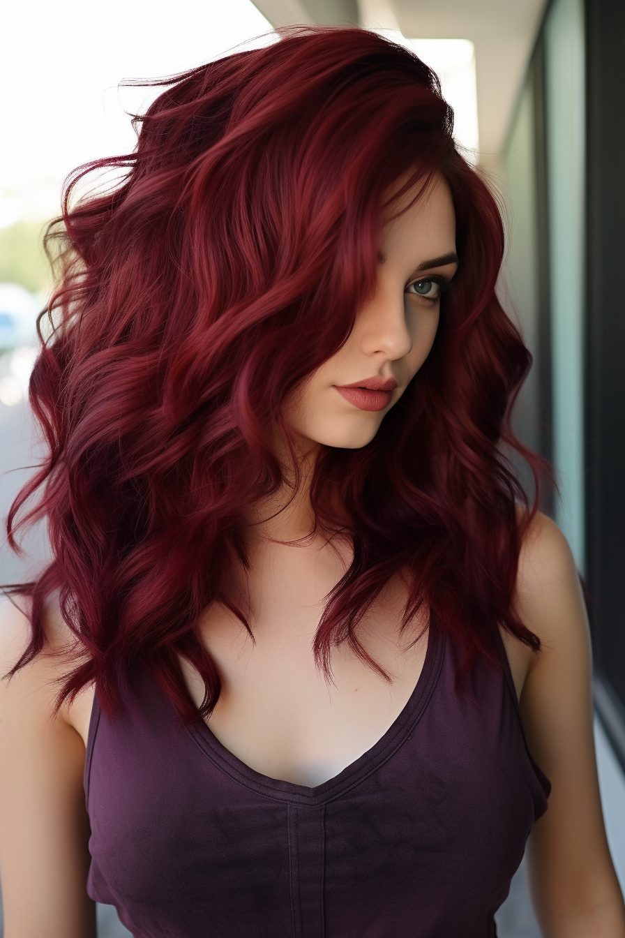 Voluminous burgundy curls with depth