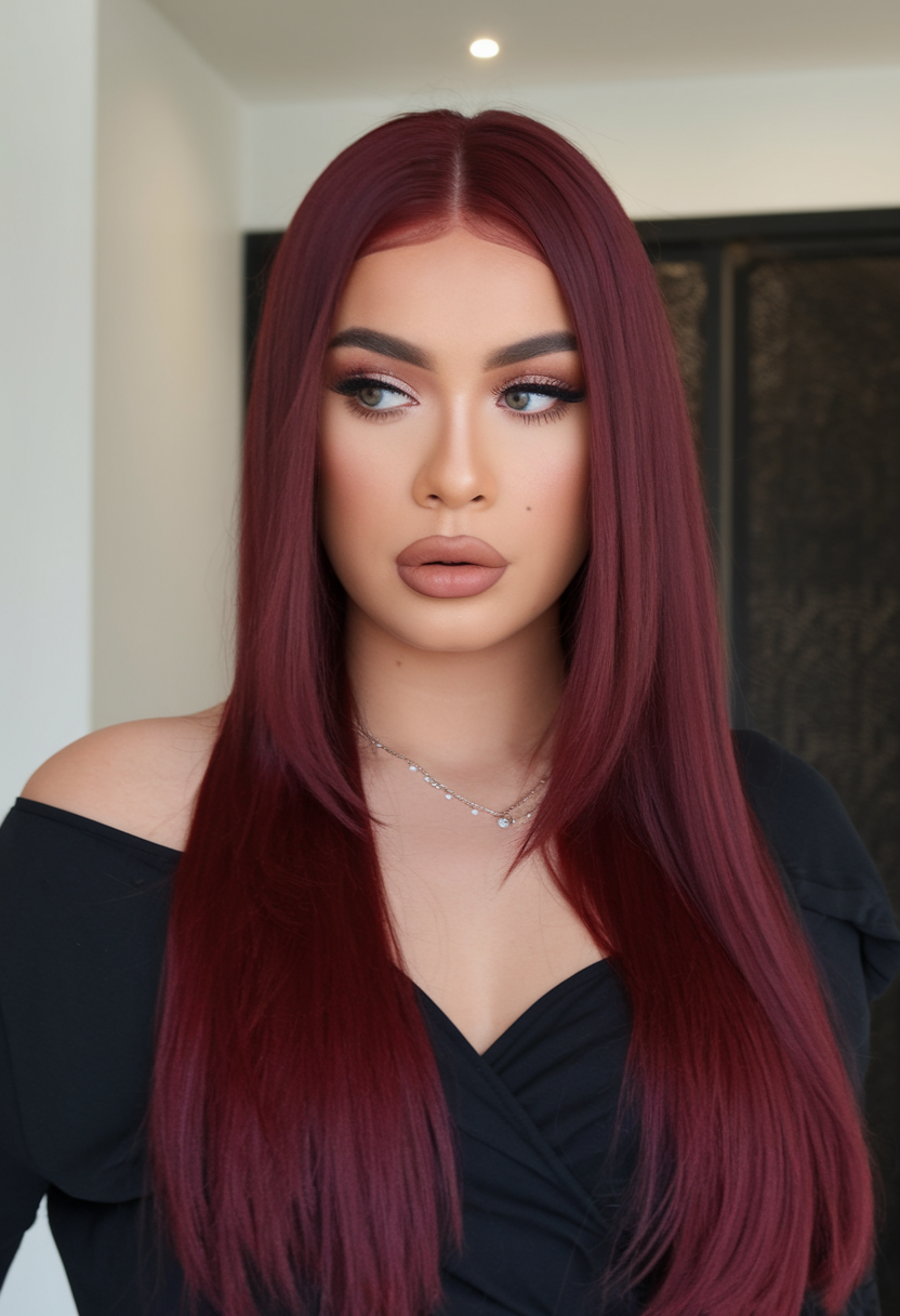 Sleek layered hair with burgundy hues
