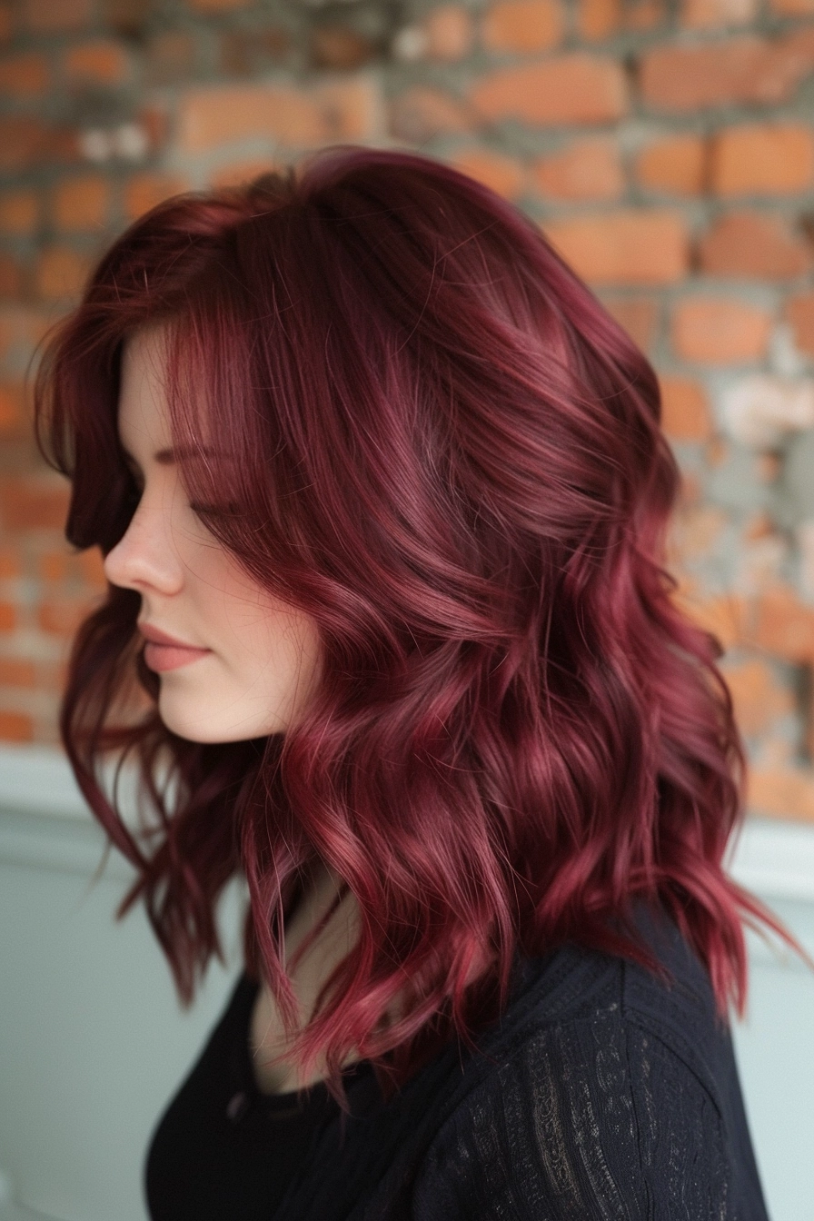 Medium-length burgundy waves with texture