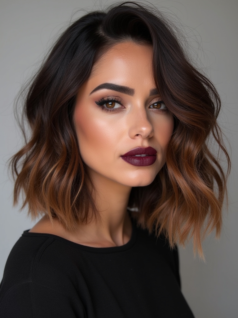 Sculpted wavy lob with balayage highlights