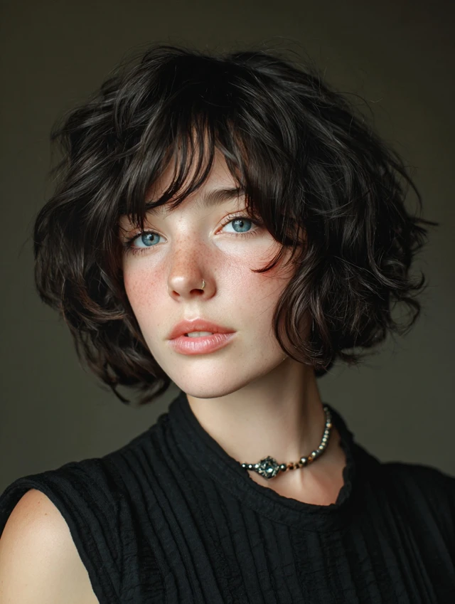 Textured curly bob with bangs