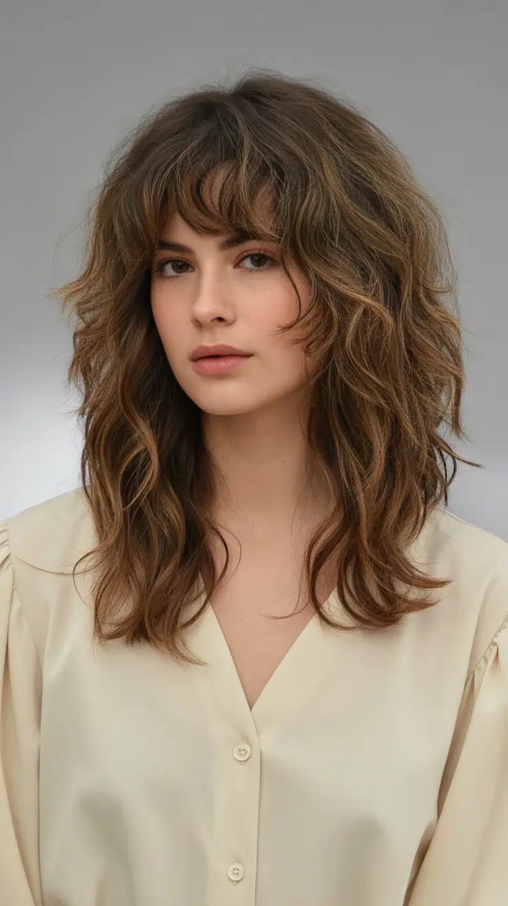 Long shag haircut with wispy bangs and waves