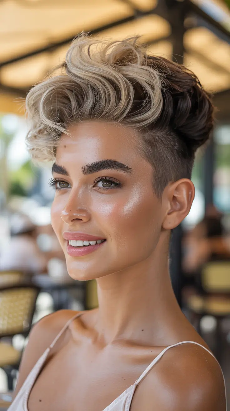 Bold undercut with platinum waves and contrast