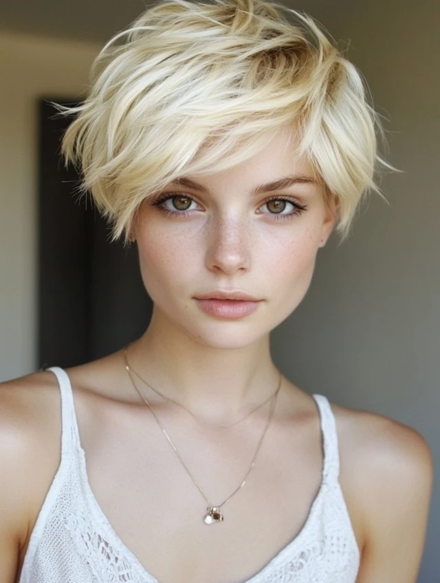 Platinum pixie with tousled layers and volume