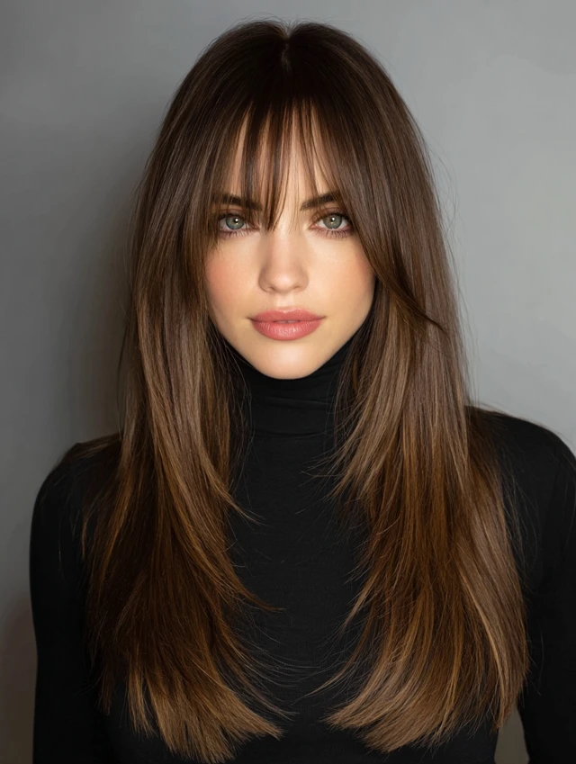 Long layers with curtain bangs, casual chic, brunette hair