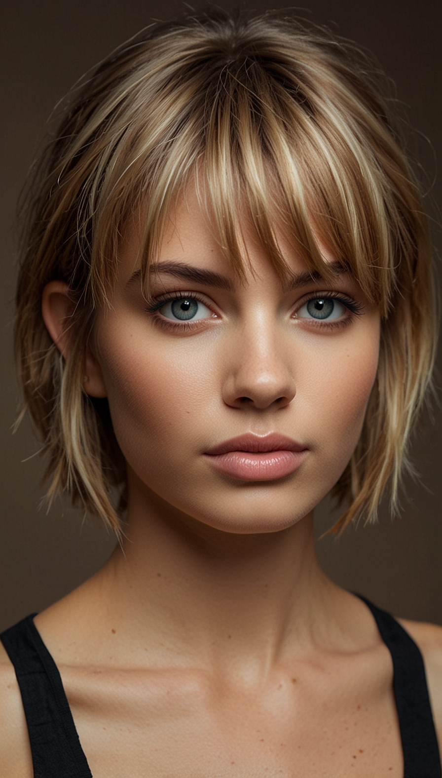 Textured bob with bangs, youthful, short hair