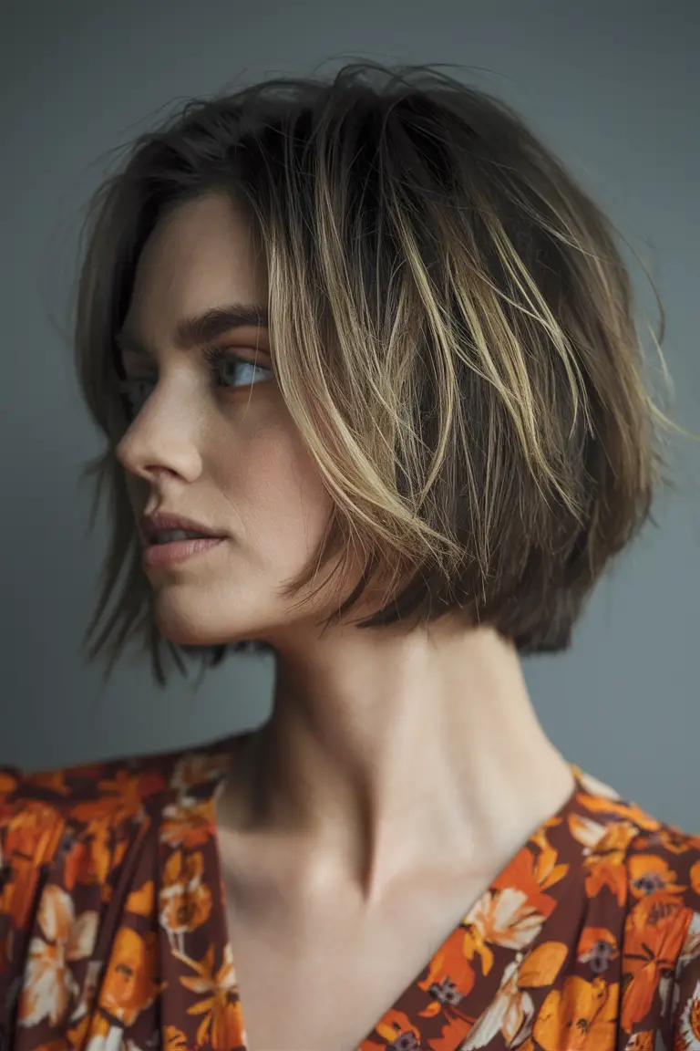 Textured bob with highlights, casual style, short hair