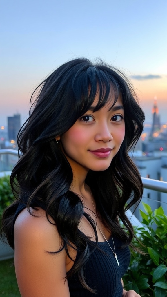 Romantic curls, curtain bangs, charming style