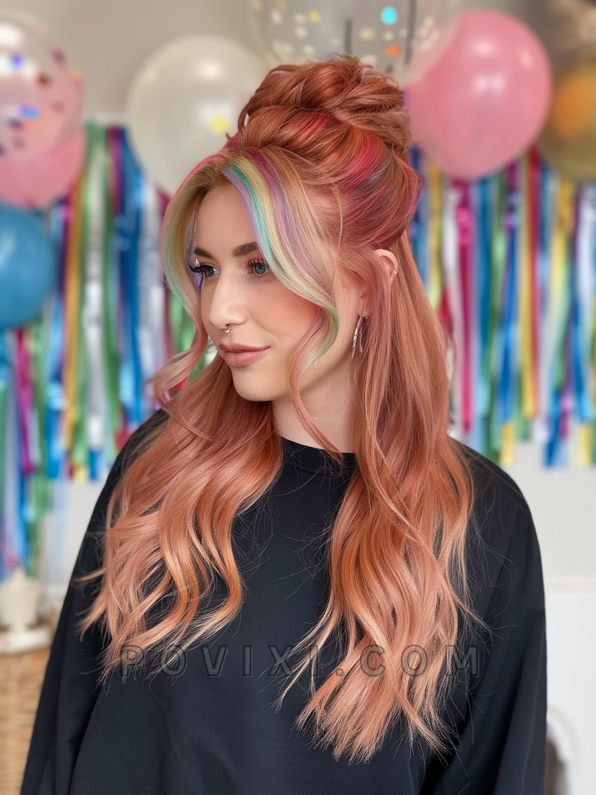 Half-up style with rainbow highlights