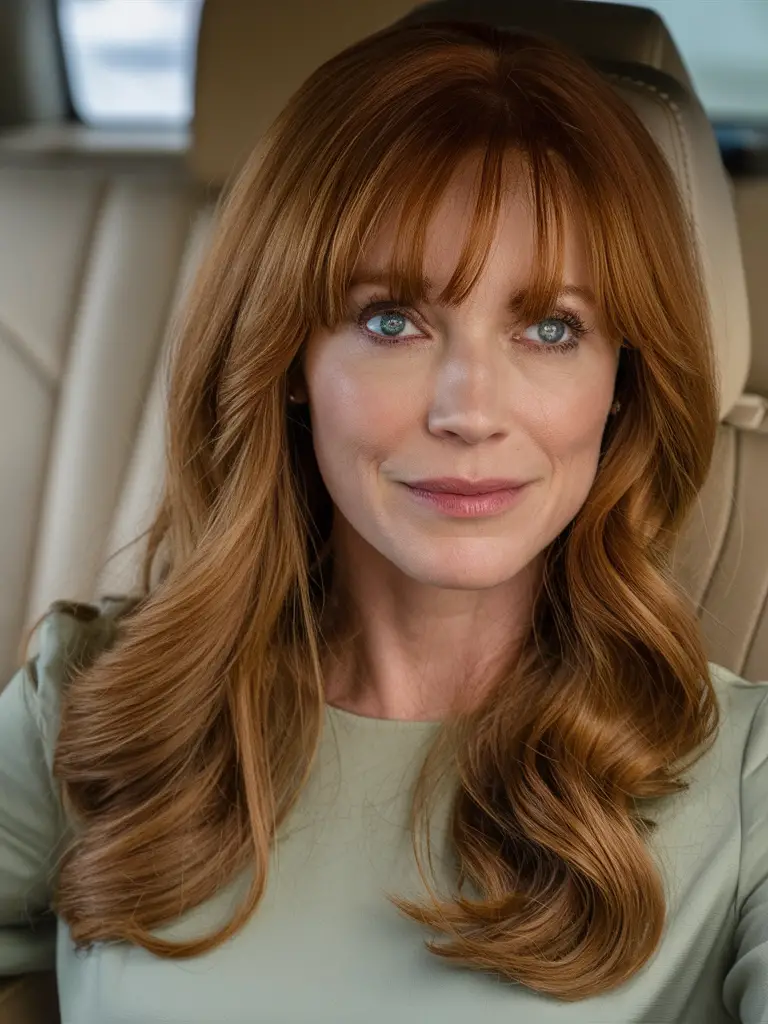 Classic curls with soft bangs, timeless style